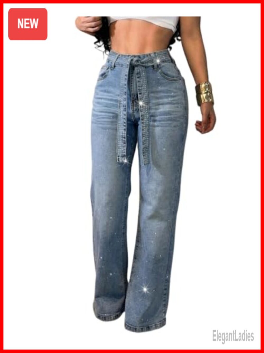 High Waisted Wide Leg Jeans Rhinestone Embellished Denim Pants with Matching